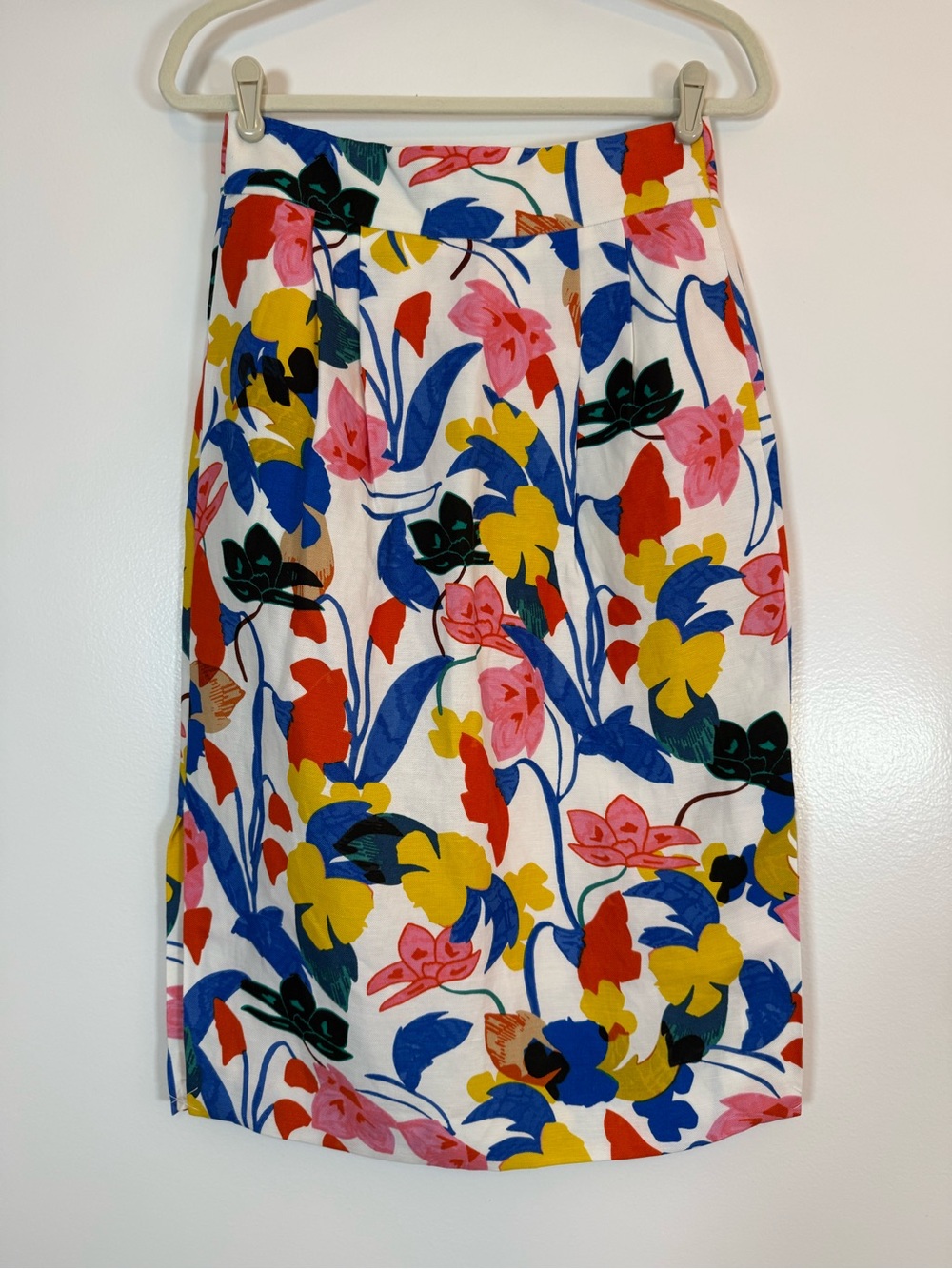J. Crew White Pencil Skirt with Blue, Yellow, Pink & Red Floral Print
